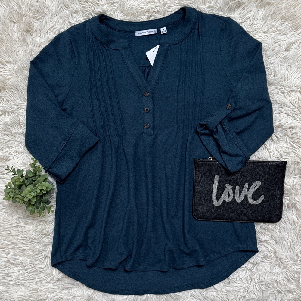 🎉HP🎉 Notations 3/4 Tab Sleeve Top with Pleated Detail 💗 Teal - Picture 2 of 16